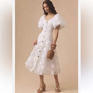 Anthropologie Let Me Be Puff-Sleeve Sheer Midi Dress Size Medium NWT